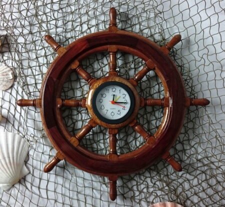 16" Handmade Wooden Ship Sheel with Clock